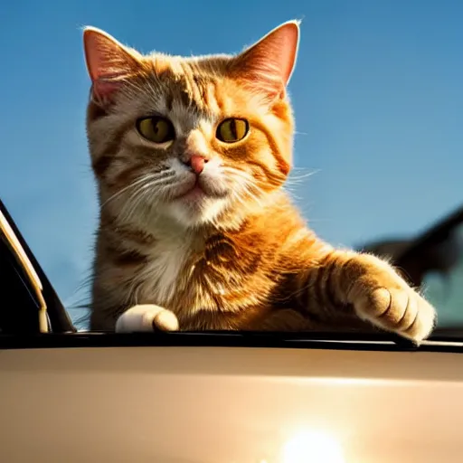 Image similar to convertible on road, cat homies chilling in convertible, paws on steering wheel, paw hanging out of window, golden hour, clear sky, unobstructed road