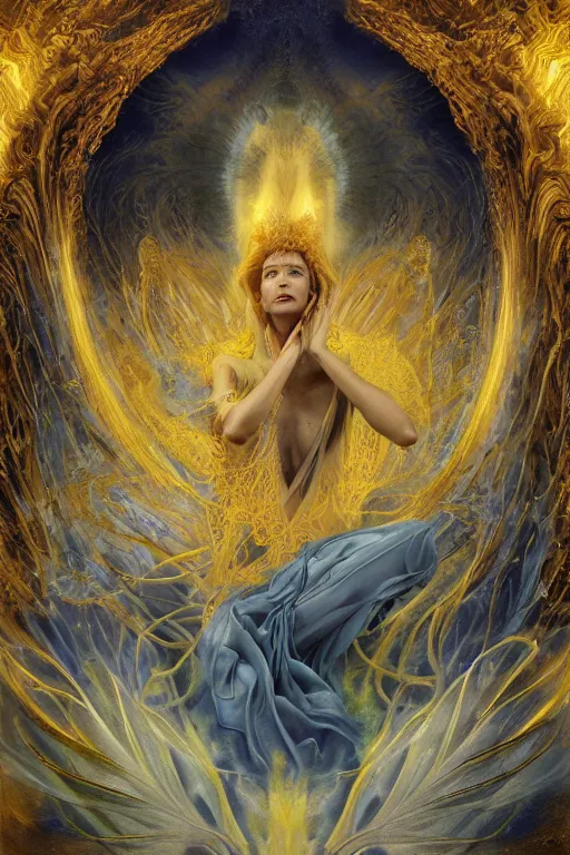 Prompt: a tornado of angels spiraling around the golden throne of creation, by austin osman spare, wayne barlowe, tom bagshaw, sharp focus, vray render, oil painting, concept art, elegant, intrincate, baroque, flowing rhythms, flowers, all is feathers, blue and yellow, volume render, mist, fractal, masterpiece, expressive brushwork