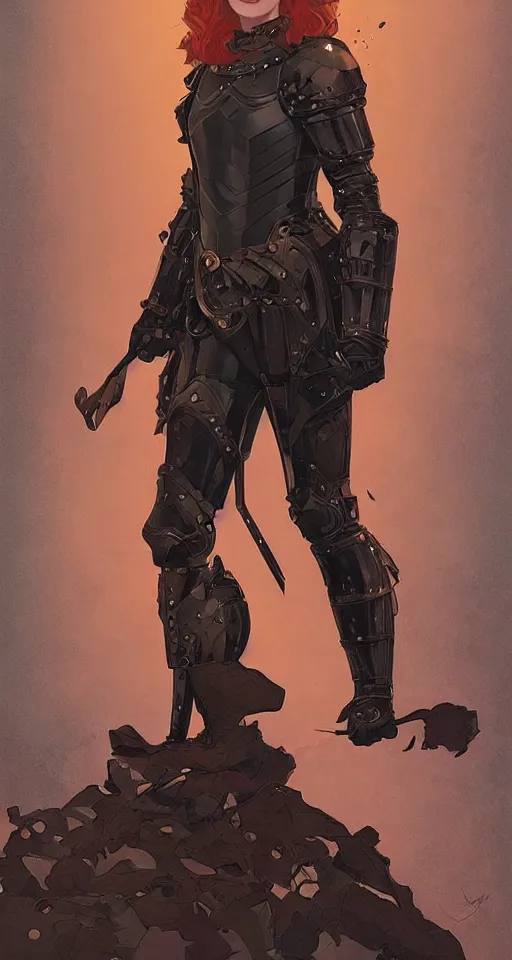 Image similar to redhead mackenzie davis actress wearing black armour with bare legs, mucha, hard shadows and strong rim light, art by jc leyendecker and atey ghailan and sachin teng