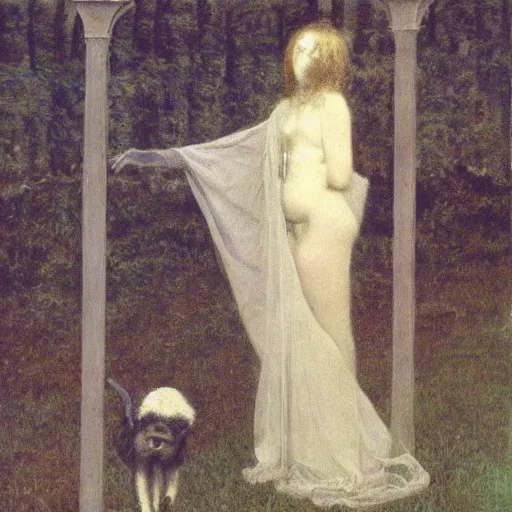 Image similar to And what rough beast, its hour come round at last, slouches towards Bethlehem to be born?, painted by Fernand Khnopff