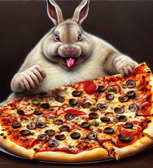 Image similar to hyper realistic derpy looking big chungus eating greasy pizza, pizza is everywhere, weird, strange, bizarre, surreal, epic composition, 2 0 0 mm focal length, painted by donato giancola, insanely quality, highly detailed, masterpiece, artstation, 4 k