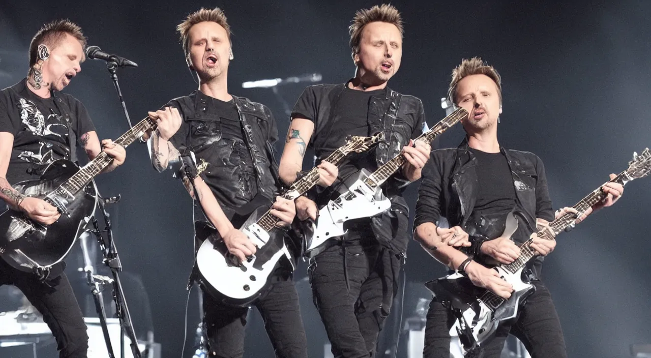 Image similar to matt bellamy from muse and james hetfield from mettalica playing on stage together, 2 0 1 5 live music video