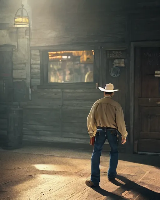 Image similar to an old cowboy walking through the door of a bustling, crowded bar of other people, wild west, sunset lighting, dusty, sunbeams. digital illustration, colors, soft lighting, adventurous, atmospheric lighting, 8K, octane render. By Makoto Shinkai, Stanley Artgerm Lau, WLOP, Rossdraws, James Jean, Andrei Riabovitchev, Marc Simonetti, krenz cushart, Sakimichan, D&D trending on ArtStation, digital art.
