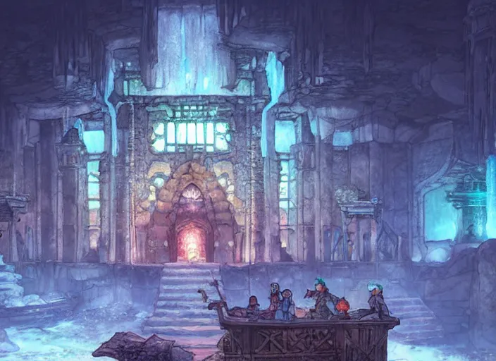 Prompt: Fantasy ice temple. hidari, color page, tankoban, 4K, tone mapping, Akihiko Yoshida.