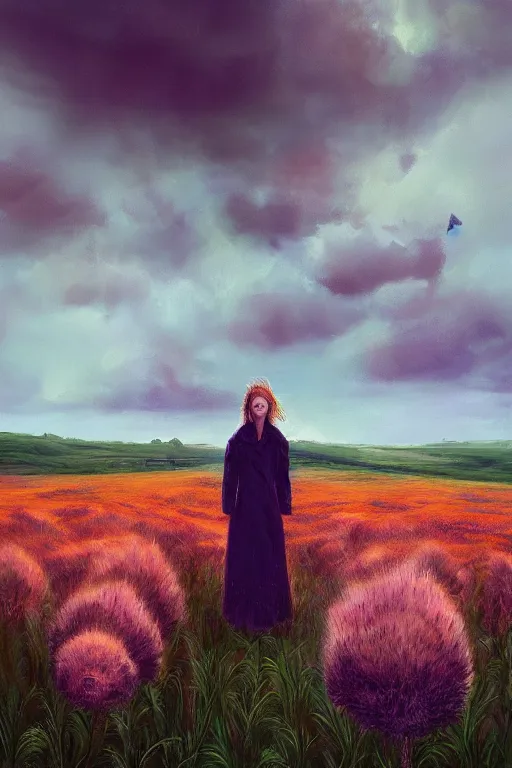 Prompt: portrait, enormous thistle flower head, girl wearing a coat in field, surreal photography, wind, cloudy sky, dramatic light, impressionist painting, digital painting, artstation, simon stalenhag