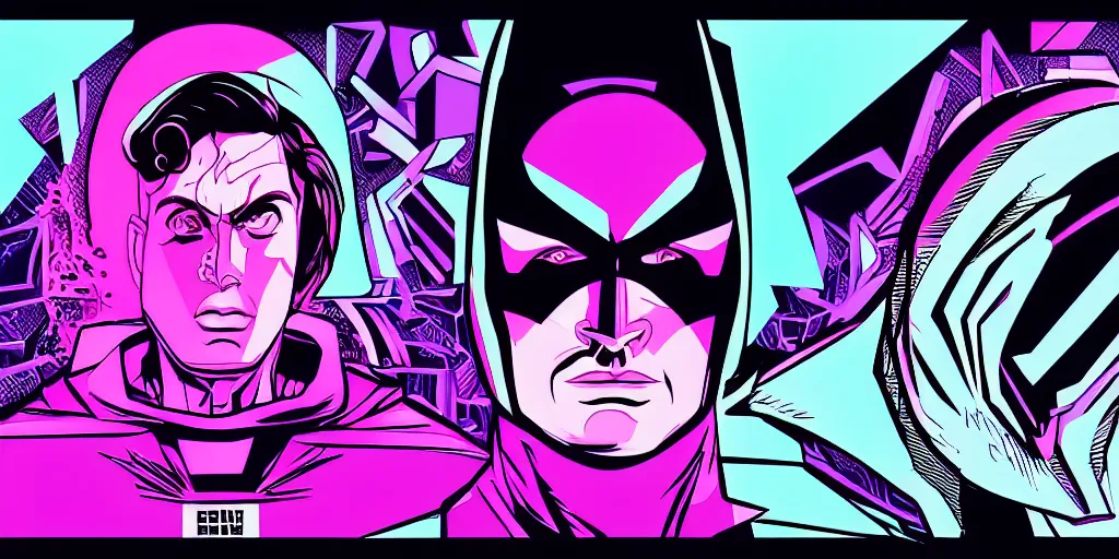 Image similar to vaporwave, vector graphics, batman cowl, portrait, synthwave, neon