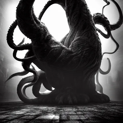 Image similar to vray render of the shadow of a monster with lots of tendrils, shadow and light, black and white, lens flare, dark monster, vray