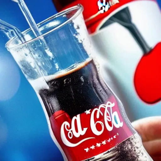 Prompt: Coca Cola and Pepsi being poured into the same glass with a peace sign
