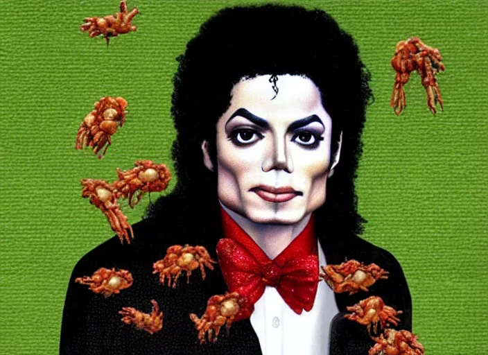 Prompt: michael jackson made of fried shrimp, lowbrow, matte painting, 3 - d highly detailed, in the style of mark ryden,