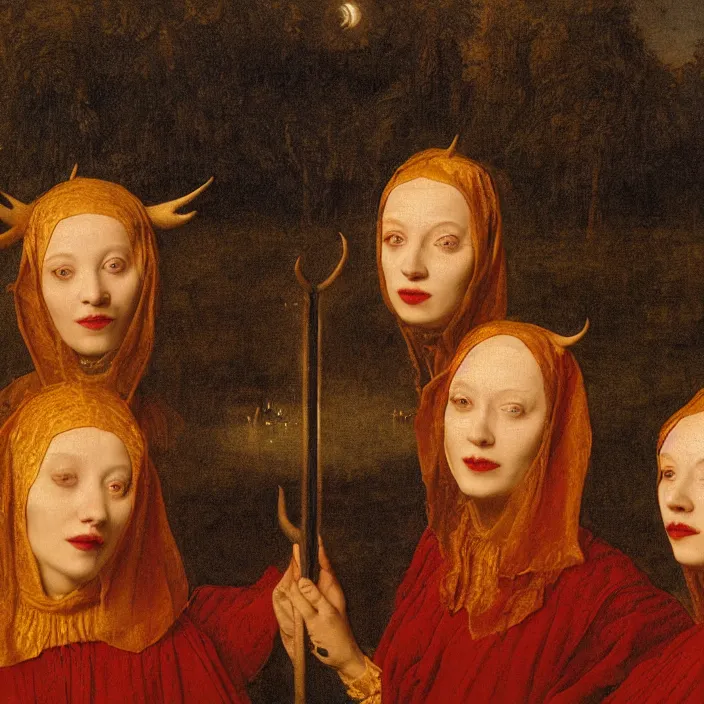 Image similar to a closeup portrait of a three - headed horned women, floating in huge levitating luminescent orb, in a foggy pond, golden hour, by jan van eyck