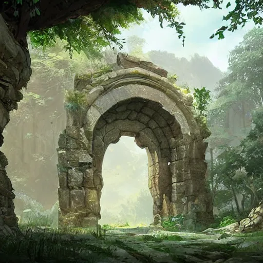 Image similar to concept art painting of an ornate ancient stone archway, in the woods, realistic, detailed, cel shaded, in the style of makoto shinkai and greg rutkowski and james gurney