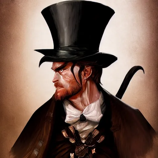 Prompt: Doran, a human warrior in a top hat, 8k resolution, full-length portrait, digital painting, fantasy illustration by Brom, D&D character art