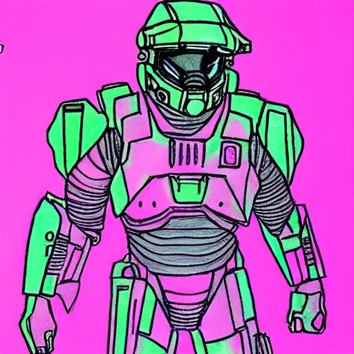 Image similar to master chief drawn with markers, pink background