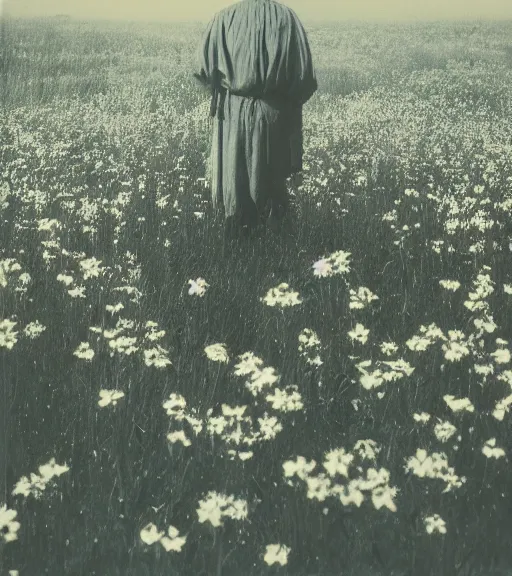 Image similar to mystical death god standing in tall meadow of flowers, distant, vintage film photo, grainy, high detail, high resolution