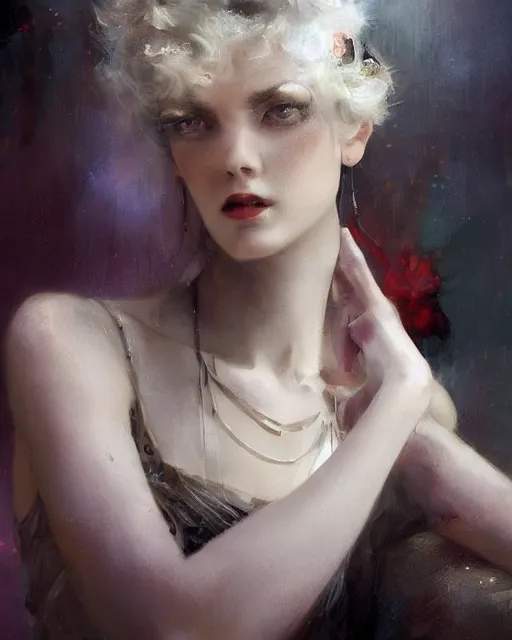 Prompt: daniel gerhartz and tom bagshaw close portrait digital painting of a 1 9 2 0 s beautiful woman at a party in a mansion, beautiful woman by artgerm and wlop, strong contrast, unreal engine, hyper realism, realistic shading, cinematic composition, realistic render, octane render, detailed textures, photorealistic, ultrawide shot, 3 5 mm film