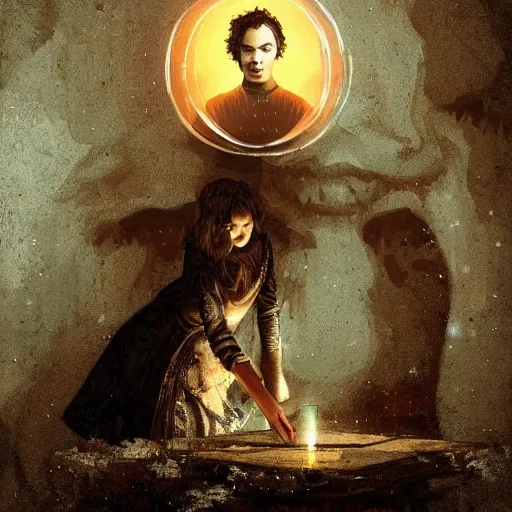 Prompt: Frank Dillane with a crystal ball conducting a seance, intricate, digital painting, old english, victorian, sepia, whimsical background by marc simonetti, artwork by liam wong