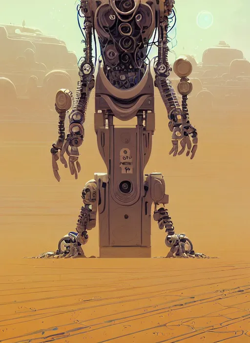 Image similar to highly detailed portrait of a robotic cyborg long curly white hair nomadic tribal lady, stray wiring, emerging from sand by atey ghailan, james gilleard, by joe fenton, by greg rutkowski, by greg tocchini, by kaethe butcher, 4 k resolution, gradient yellow, black and white color scheme!!! ( ( robotic sandstorm robotic pyramid landscape background ) )