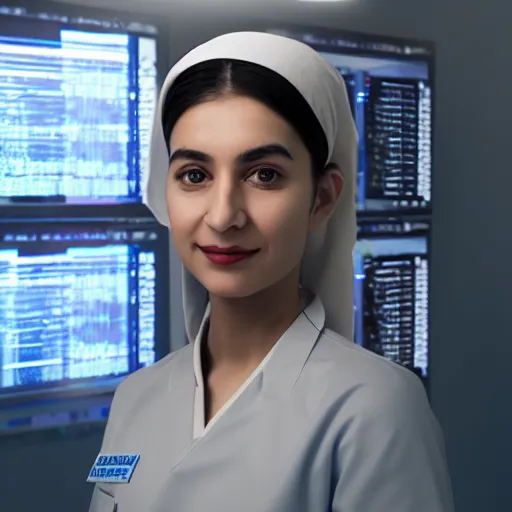 Image similar to A proud and happy Afghan girl working as a surgeon in a futuristic hospital, digital art, unreal engine 5, cinema4D, octane render, Detailed, cinematográfic