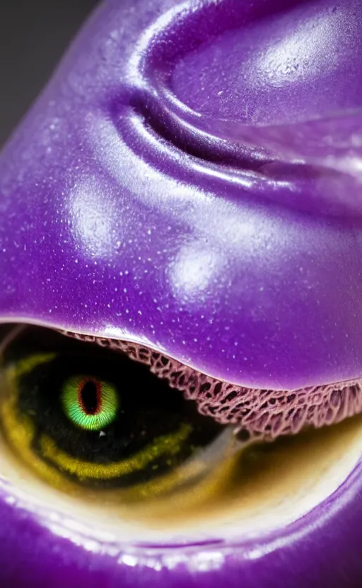 Prompt: macro shot, close-up of a purple squid eye, intricate iris, ultrarealistic, highly detailed, octane render, ray tracing