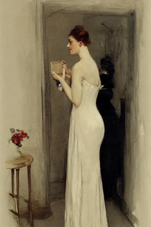 Image similar to european woman in a gown getting ready for a party, bloom flowers, modern, eclectic, illustration, by ramon casas