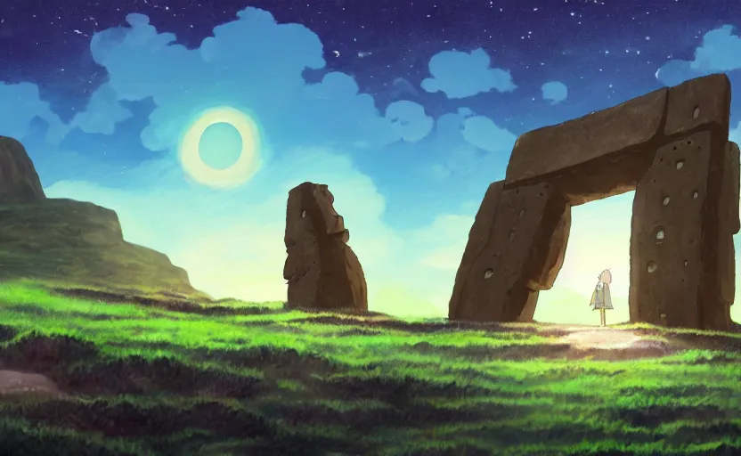 Image similar to a cell - shaded studio ghibli concept art study of a square dimensional portal doorway in easter island on a misty starry night. water is flowing out of the mouth of the portal. very dull colors, hd, 4 k, hq