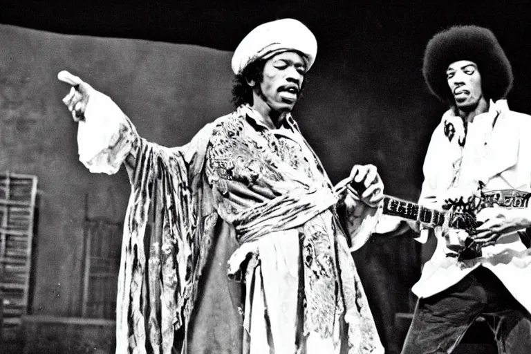 Prompt: jimi hendrix as topol in fiddler on the roof