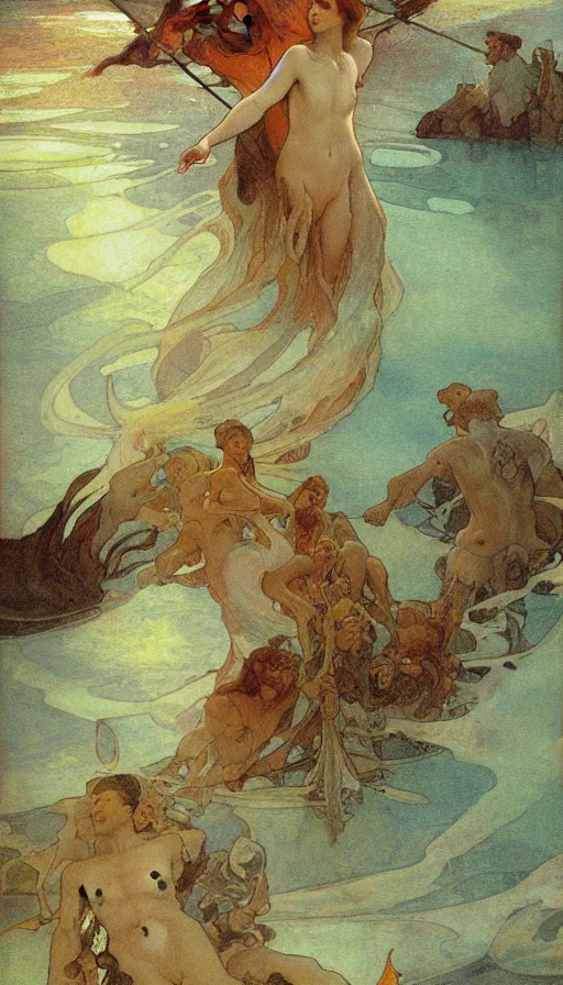 Image similar to man on boat crossing a body of water in hell with creatures in the water, sea of souls, by alfons maria mucha