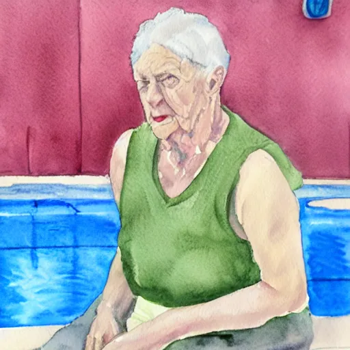 Prompt: Portrait of an elderly YMCA swimmer. Watercolor