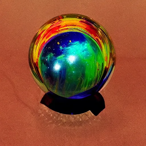 Prompt: A glass sphere 🔮 containing swirling 💫 multicolored liquid 🌊