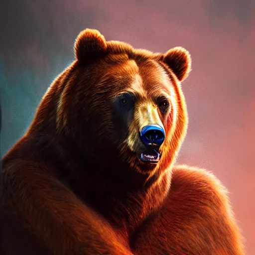 Image similar to realistic bear beast-man portrait, atmospheric lighting, painted, intricate, volumetric lighting, beautiful, rich deep colors masterpiece, golden hour, sharp focus, ultra detailed, by Leesha Hannigan, Ross Tran, Thierry Doizon, Kai Carpenter, Ignacio Fernández Ríos