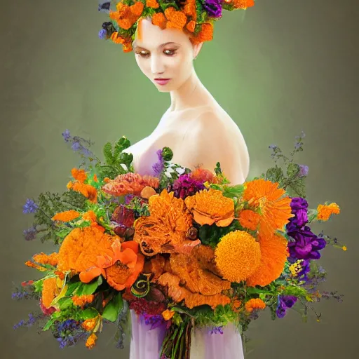 Image similar to a beautiful stunning fantasy matte digital painting of a bouquet made of orange roses and orange chrysanthemums and purple poppies and green eucalyptus and green flora, a photograph painted in the style of Bridal Magazine, professional floral arrangement, professional lighting, trending on artstation hq, contest winner