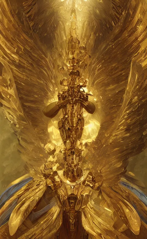 Image similar to Portrait of an archangel with golden wings, heavy armor and helmet, confident, heaven background, intricate, headshot, highly detailed, digital painting, artstation, concept art, sharp focus, cinematic lighting, illustration, art by artgerm and greg rutkowski, alphonse mucha, cgsociety