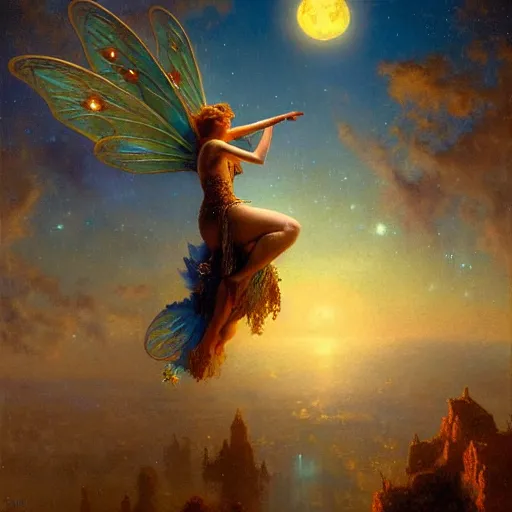 Image similar to attractive fairy magically floating high in the night, fantasy, full moon in background. highly detailed painting by gaston bussiere, craig mullins, j. c. leyendecker, mid shot, 8 k