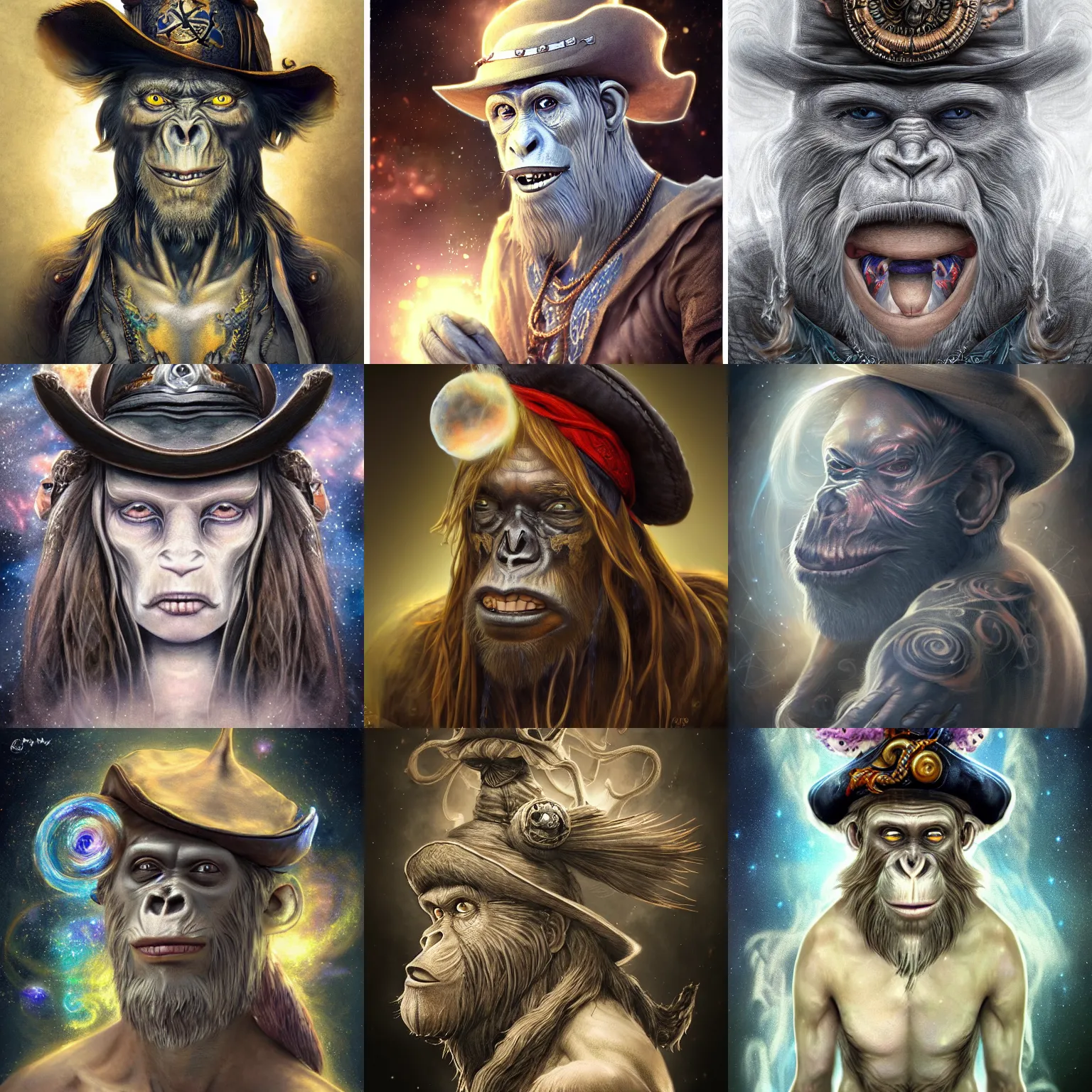 Image similar to a wlop 3 d render of very very very very highly detailed beautiful mystic portrait of a young ghost ape pirate in a hat with whirling galaxy around, tattoos by anton pieck, intricate, extremely detailed, digital painting, artstation, concept art, smooth, sharp focus, illustration, intimidating lighting, incredible art,