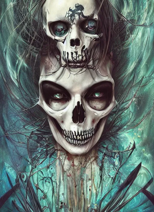 Image similar to alice's sister, death tarot card, highly detailed, half skull face, cinematic, 8 k, by megan duncanson, benjamin lacombe, adrian borda, stanley artgermm, tom bagshaw, craig mullins, carne griffiths, ayami kojima, beksinski, giger, trending on deviantart, hyper detailed, horror, full of colour