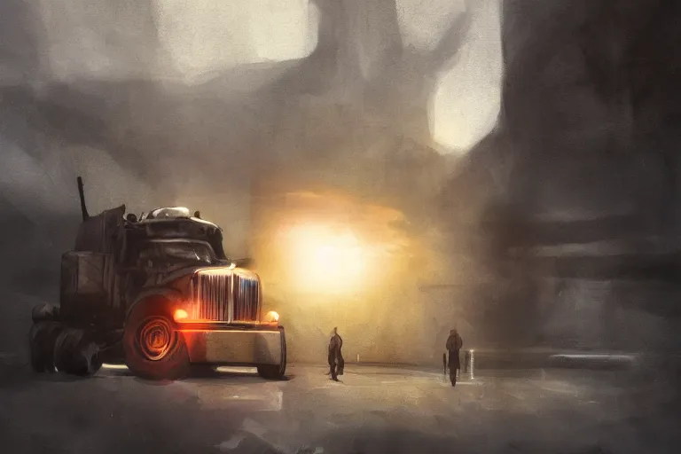 Prompt: epic concept art of a man standing with an oncoming truck. backlighting. strong contrast. by ashley wood and j. m. w. turner, speed painting, photo bash, cinematic angle, super detailing, strong perspective