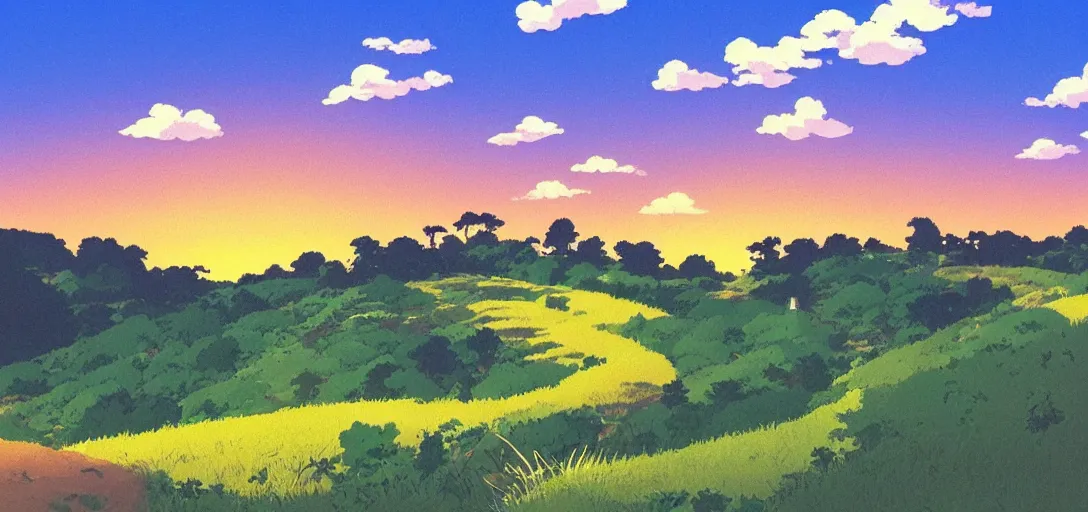 Prompt: hill and countryside during golden hour by studio ghibli, peaceful, serene, blissful, golden hour