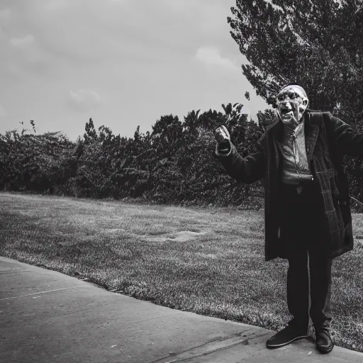 Image similar to An elderly man shouting at the wind, Canon EOS R3, f/1.4, ISO 200, 1/160s, 8K, RAW, unedited, symmetrical balance, in-frame