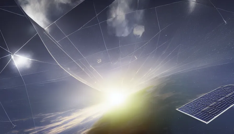 Image similar to solar sail in space, blocking sun, earth visible below, octane render, dramatic