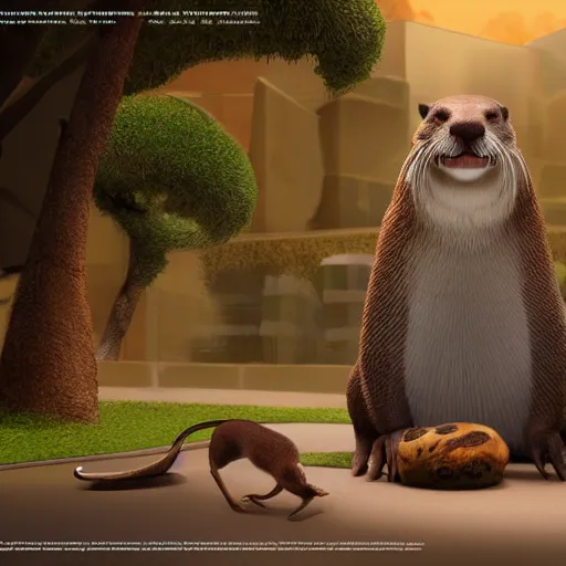 Image similar to character set, concept art, otters playing, 3 d render, pixar, dreamworks,