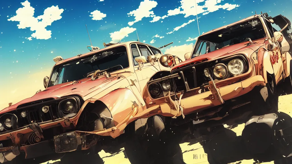 Image similar to anime illustration of mad max's fj 4 0 pursuit special, the last v 8 interceptor driving down to the gates of valhalla highway, riding fury road eternal shiny and chrome, world of fire and blood, by makoto shinkai, ilya kuvshinov, lois van baarle, rossdraws, basquiat, global illumination ray tracing hdr