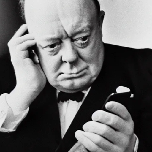 Image similar to A black and white photograph, circa 1940s, of Winston Churchill looking down at his smartphone