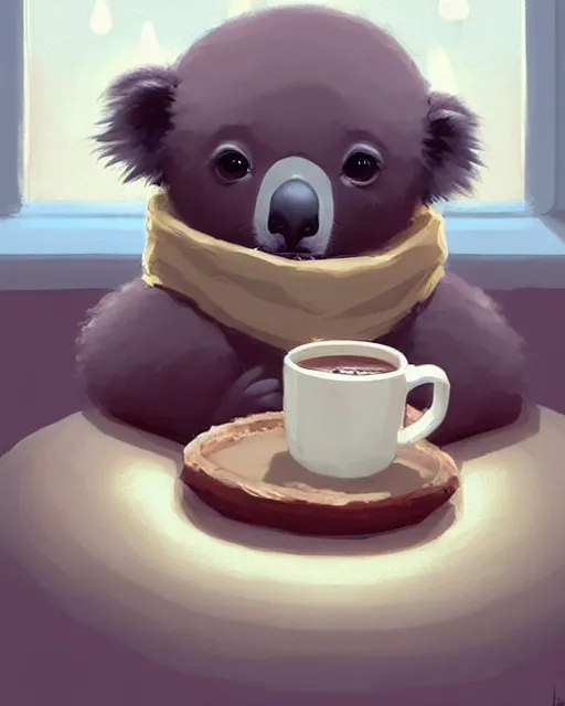 Prompt: a koala wrapped up in a blanket, with a cup of hot chocolate, cute, big eyes, dark evening, rain on the window pane, digital painting by krenz cushart, ilya kuvshinov, victo ngai, thomas kinkade. cute cozy room, highly detailed, award winning, artstation
