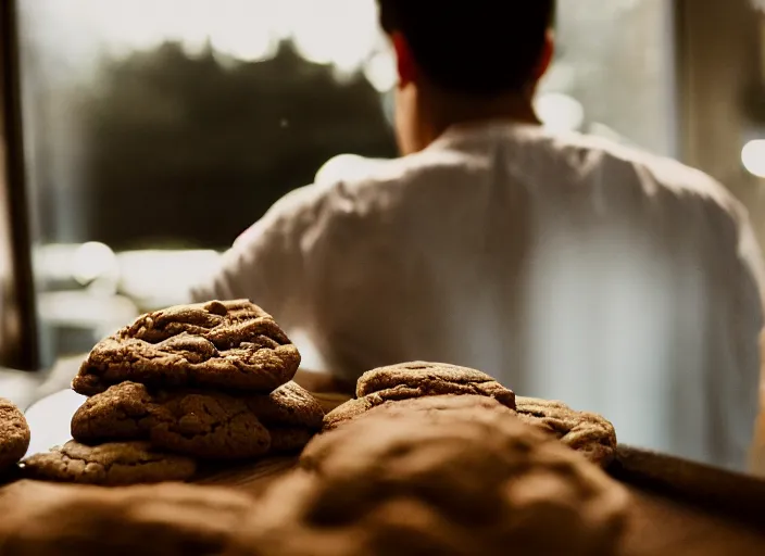 Prompt: a 3 5 mm photo from the back of a man making cookies, splash art, movie still, bokeh, canon 5 0 mm, cinematic lighting, dramatic, film, photography, golden hour, depth of field, award - winning, anamorphic lens flare, 8 k, hyper detailed, 3 5 mm film grain