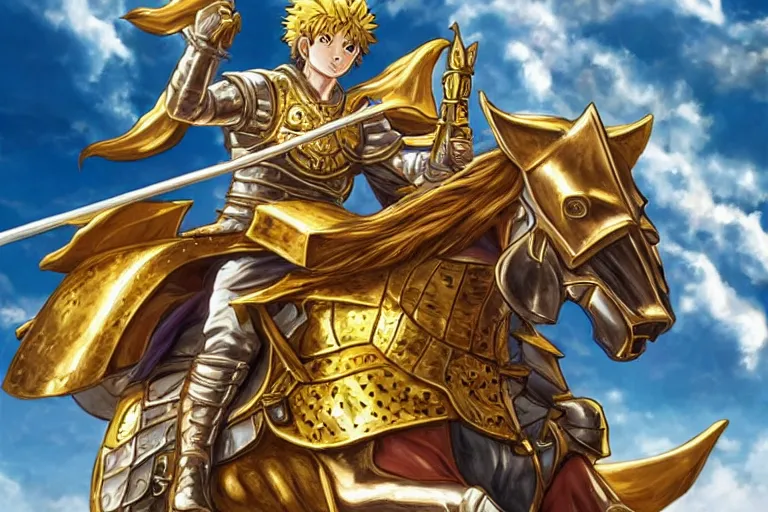 Image similar to an ultra detailed portrait of king richard the lionhearted as a shonen anime protagonist charging into battle wearing bright gold armor and riding a horse bless by god, 8 k, volumetric lighting, smooth, highly detailed, digital illustration, art by kentaro miura and akira toriyama and artgerm