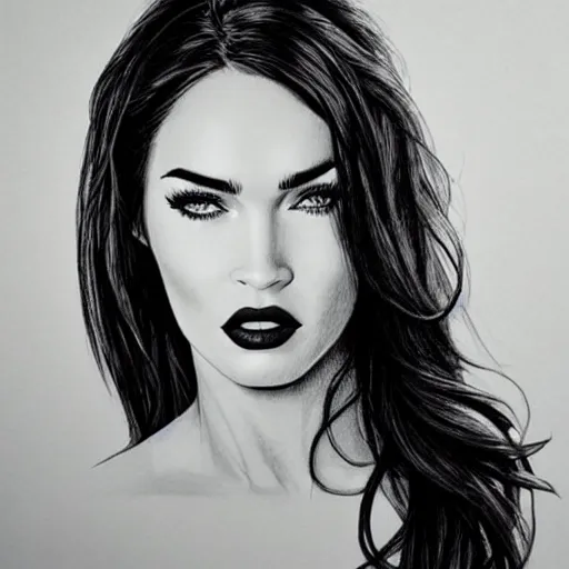 Image similar to megan fox portrait, hyper - realistic black and white drawing, hyper detailed, in the style of den yakovelv