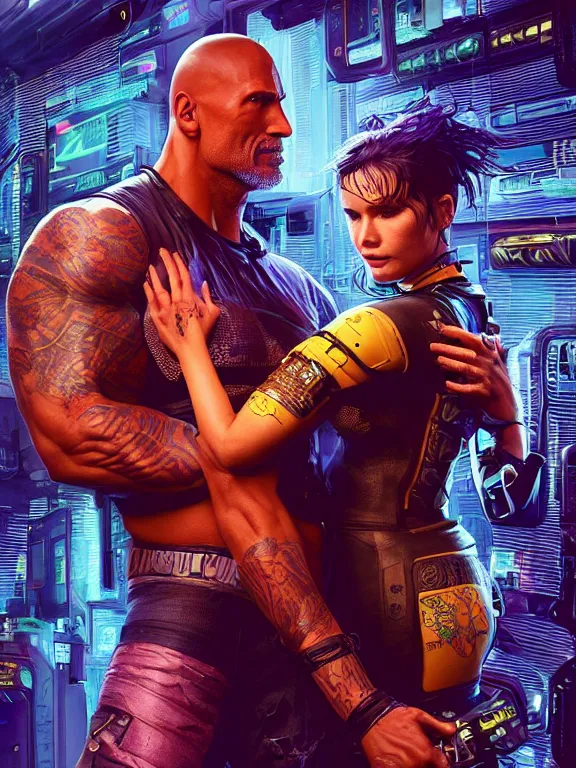 Prompt: a cyberpunk 2077 portrait of Dwayne Johnson holding a female android dancer with tango pose,complex mess of cables and wires behind them connected to giant computer, love moive,film lighting, by laurie greasley,Lawrence Alma-Tadema,William Morris,Dan Mumford, trending on atrstation, full of color,face enhance, highly detailed,8K, octane,golden ratio,cinematic lighting