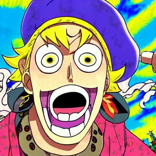 Image similar to A still of a bearded blonde man wearing a tie dye shirt and a bucket hat standing in front of The Thousand Sunny in One Piece Anime Series