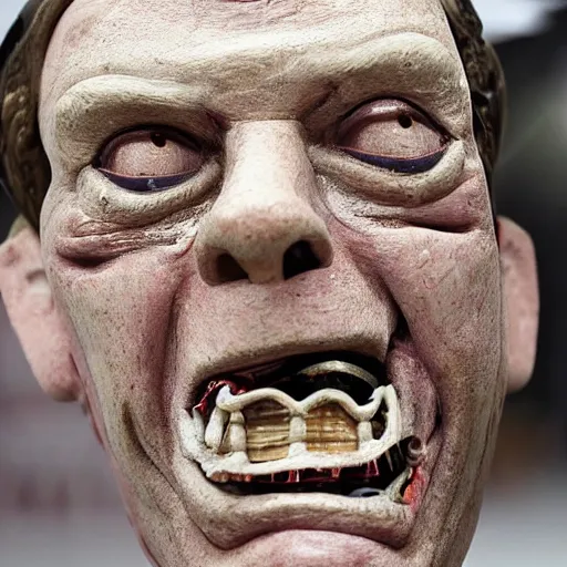 Image similar to Nigel Farage as a ventroquial dummy, hinged jaw, wires, lacquered, glossy, cracked varnish, ((photo))