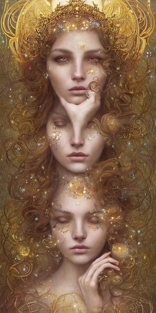 Image similar to Beautiful Delicate Detailed portrait of sun summer woman, With Magical golden eyes by Tom Bagshaw, Bastien Lecouffe Deharme, Erik Johansson, Amanda Sage, Alex Grey, Alphonse Mucha, Harry Clarke, Josephine Wall and Pino Daeni, Delicate winter frozen creature With long golden Hair and Magical Sparkling Eyes, Magic Particles; Magic Swirls, in a out of this world magical summer landscape, 4K; 64 megapixels; 8K resolution concept art; detailed painting; digital illustration; hyperrealism; trending on Artstation; Unreal Engine Photorealistic, lifelike, Unreal Engine, sharp, sharpness, detailed, 8K